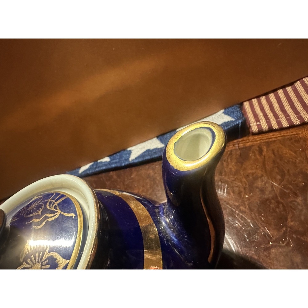 Halls of Chah 2 qt Blue/Gold Floral Ceramic Teapot w/ Lid, Glossy Finish